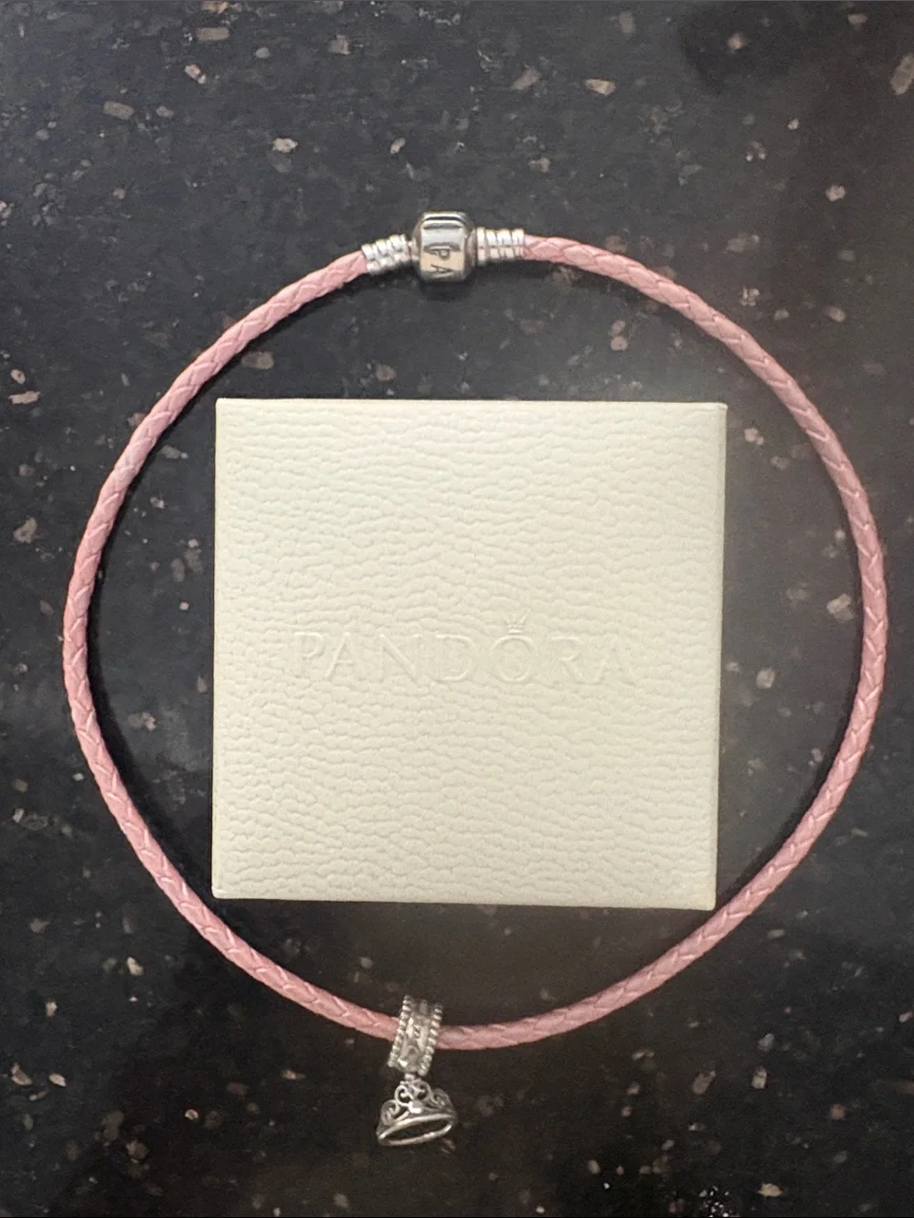 Rare Pandora Pink Braided Leather Bracelet/Necklace with Silver Crown Charm